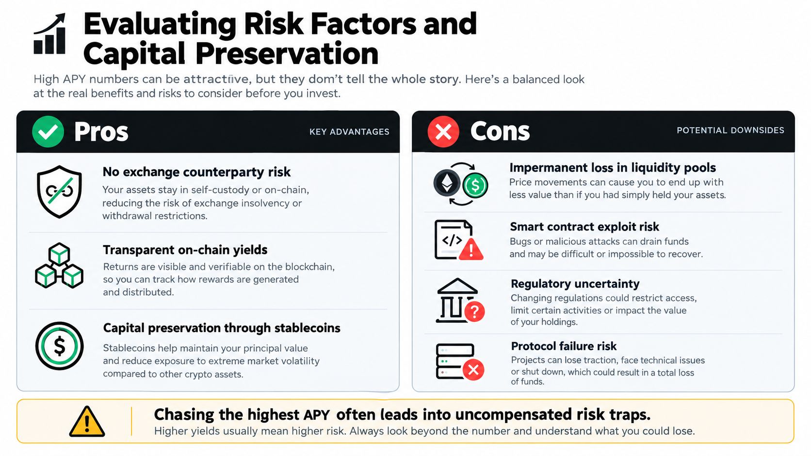 A risk management infographic comparing pros and cons of investing in high APY crypto financial platforms.