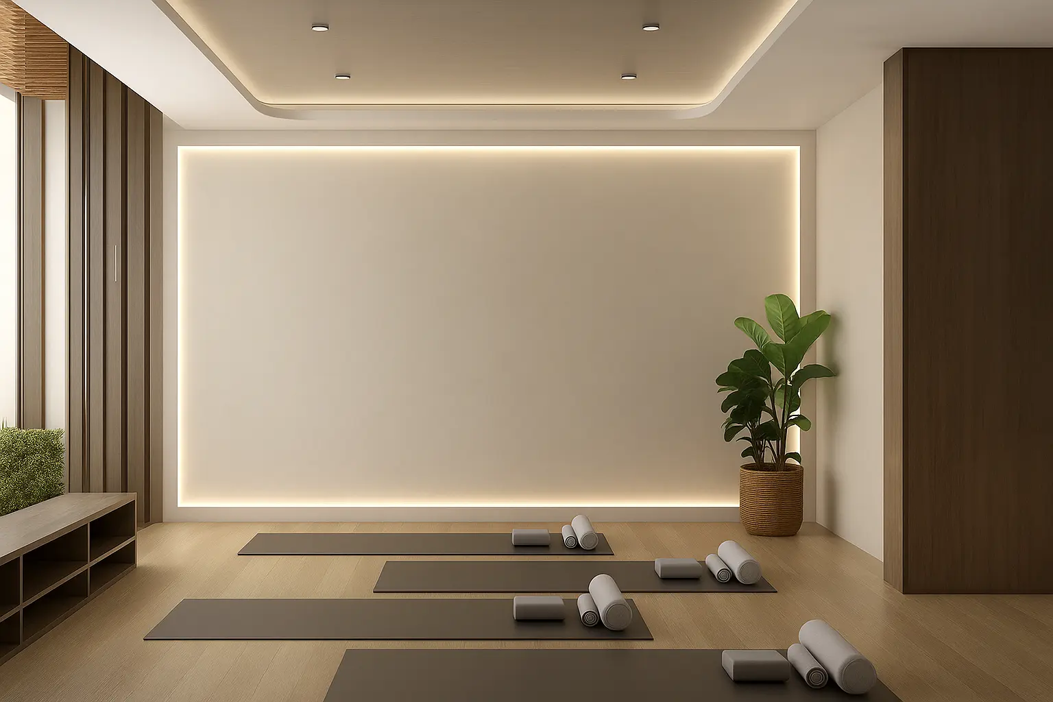 Pilates mat studio with natural light, wooden floor, and exercise mats neatly arranged.