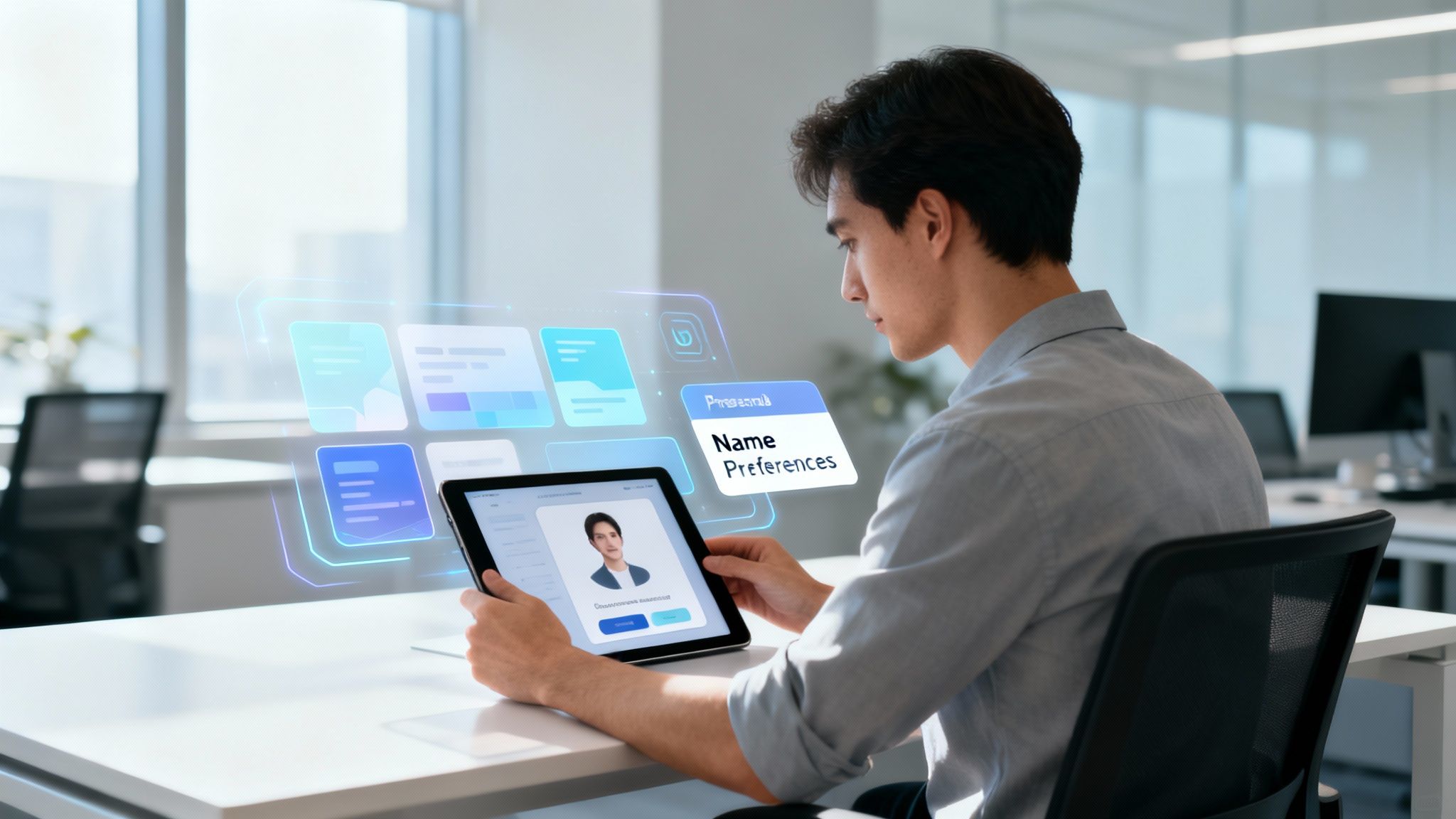 Young man interacting with a tablet displaying a profile and holographic interfaces with Name Preferences.