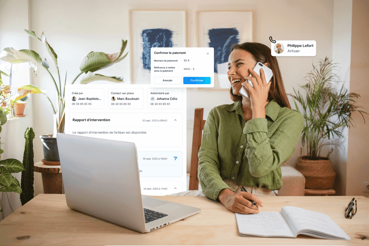 propriétaire heureuse au téléphone avec son ordianteur en face d'elle avec des onglets de la solution manerty autour d'elle