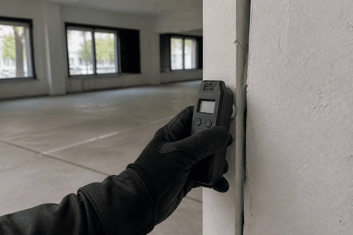 Eine Hand in einem schwarzen Arbeitshandschuh hält ein kleines, schwarzes Messgerät mit einer Digitalanzeige an die Kante eines weißen Wandpfeilers. Im Hintergrund erstreckt sich ein großer, leerer Raum im Rohbau- oder Renovierungszustand mit großen Fensterfronten.