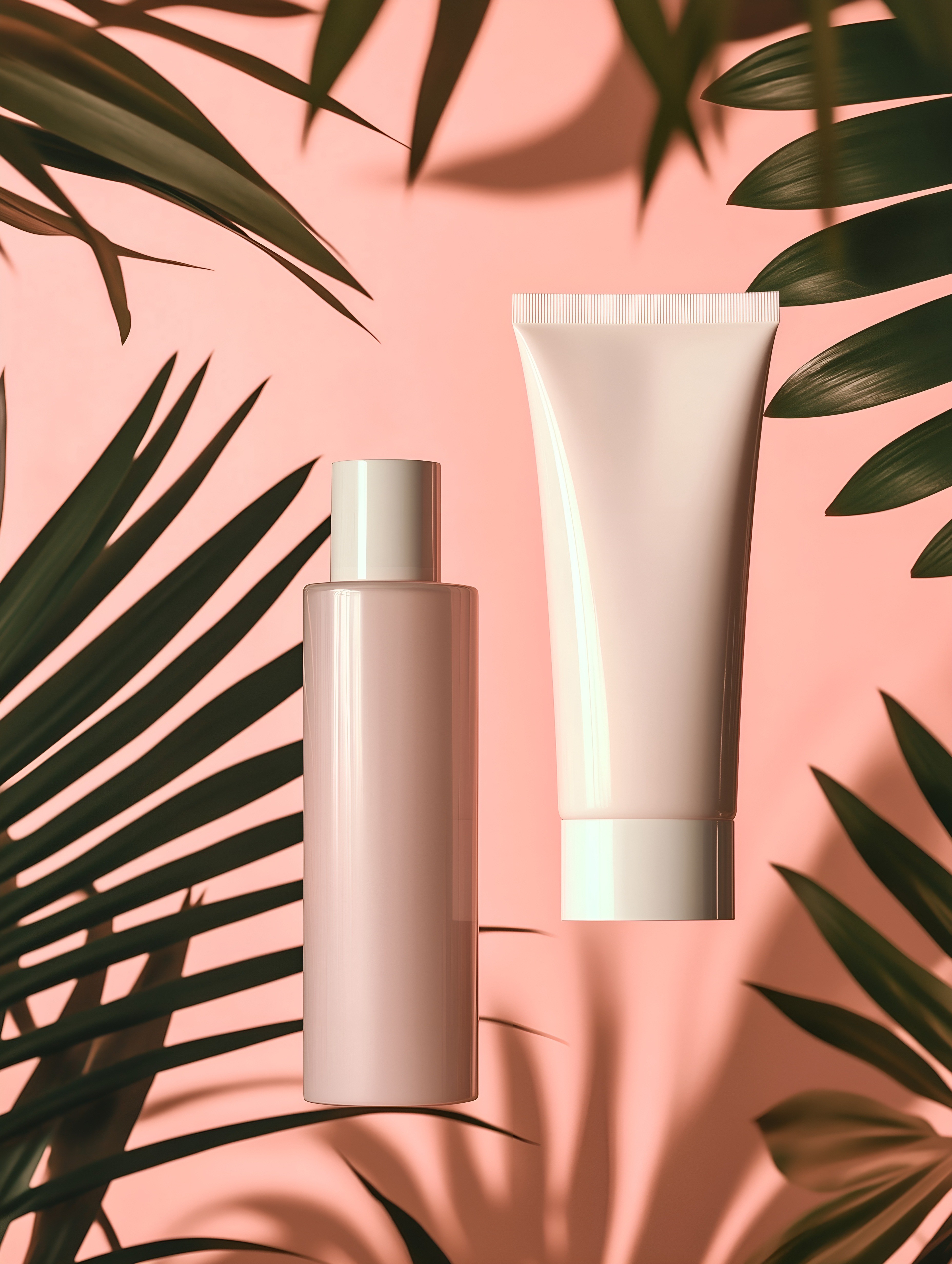 beauty products on a pink background with palm leaves.