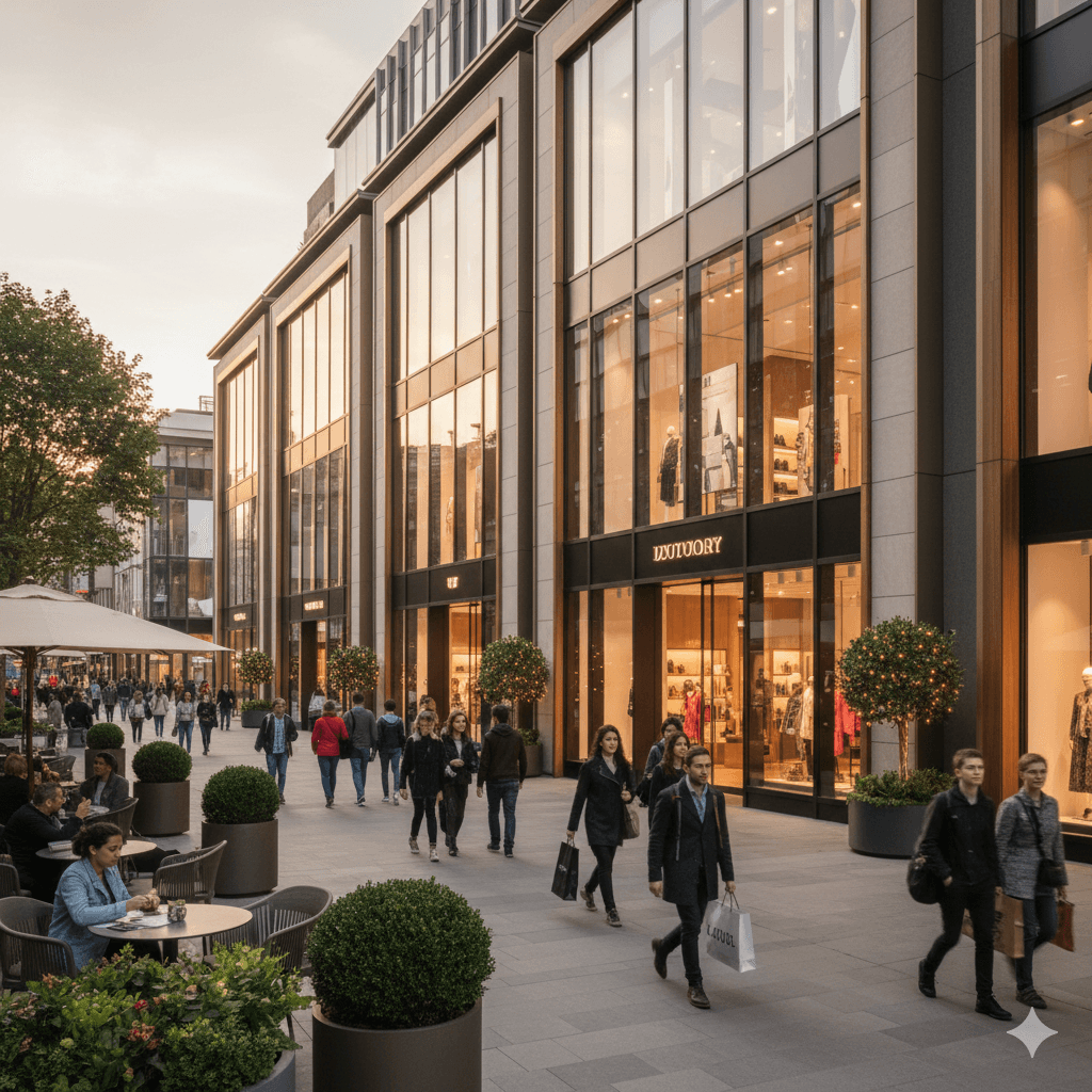 Luxury double-height retail high-street with upscale storefronts and pedestrian shoppers.