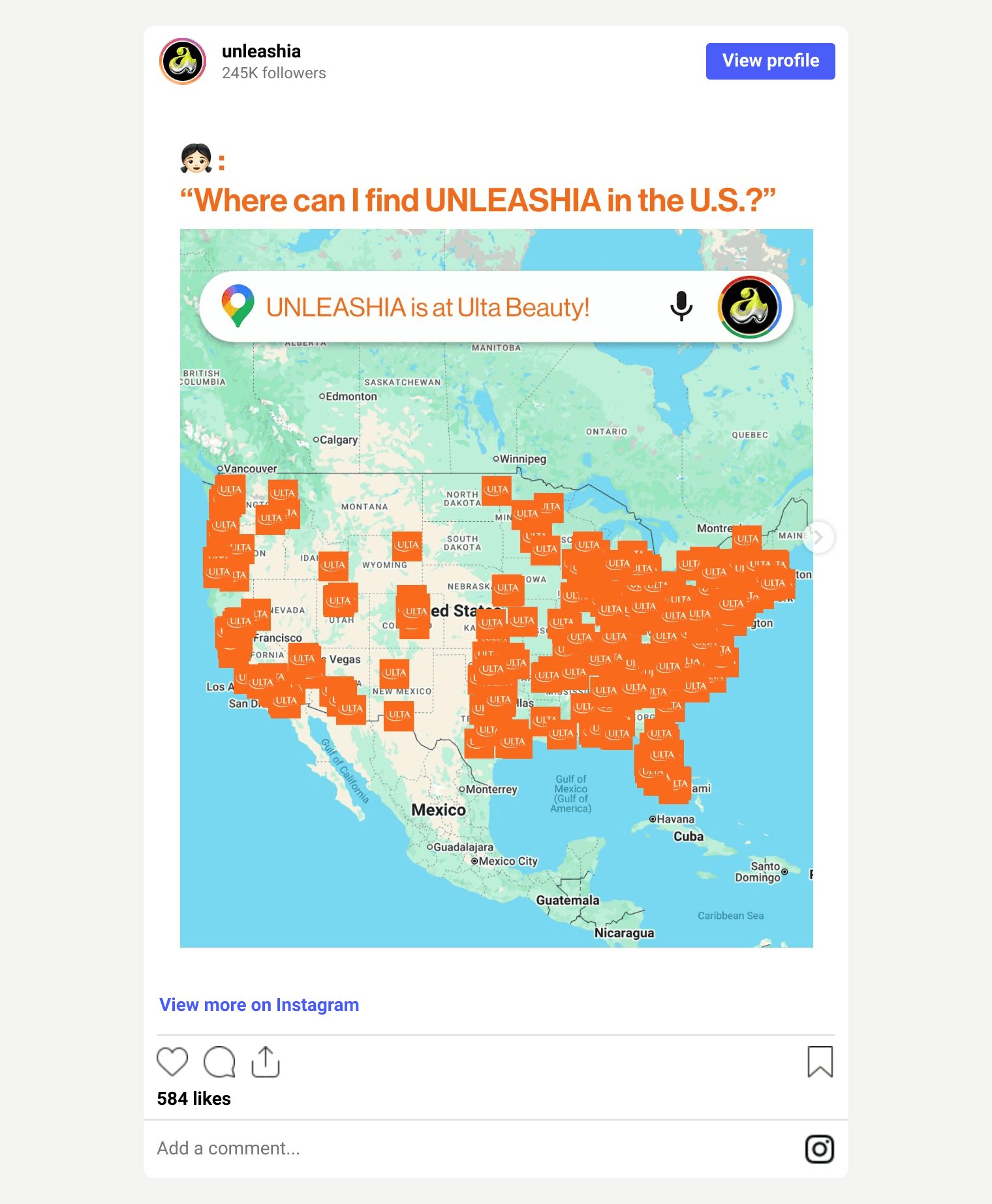 Unleashia Instagram post listing bestsellers available in about 400 Ulta stores