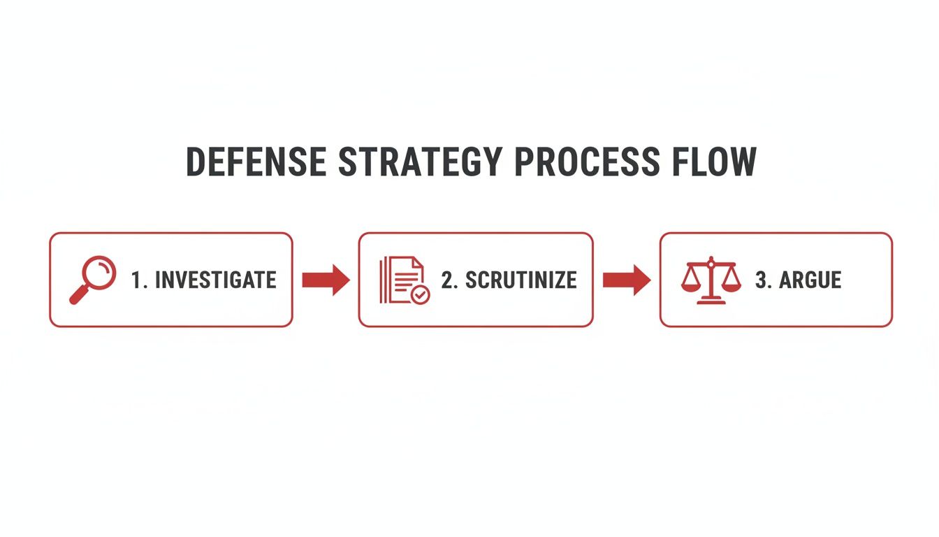 Flowchart illustrating a defense strategy process: investigate, scrutinize, and argue with corresponding icons.