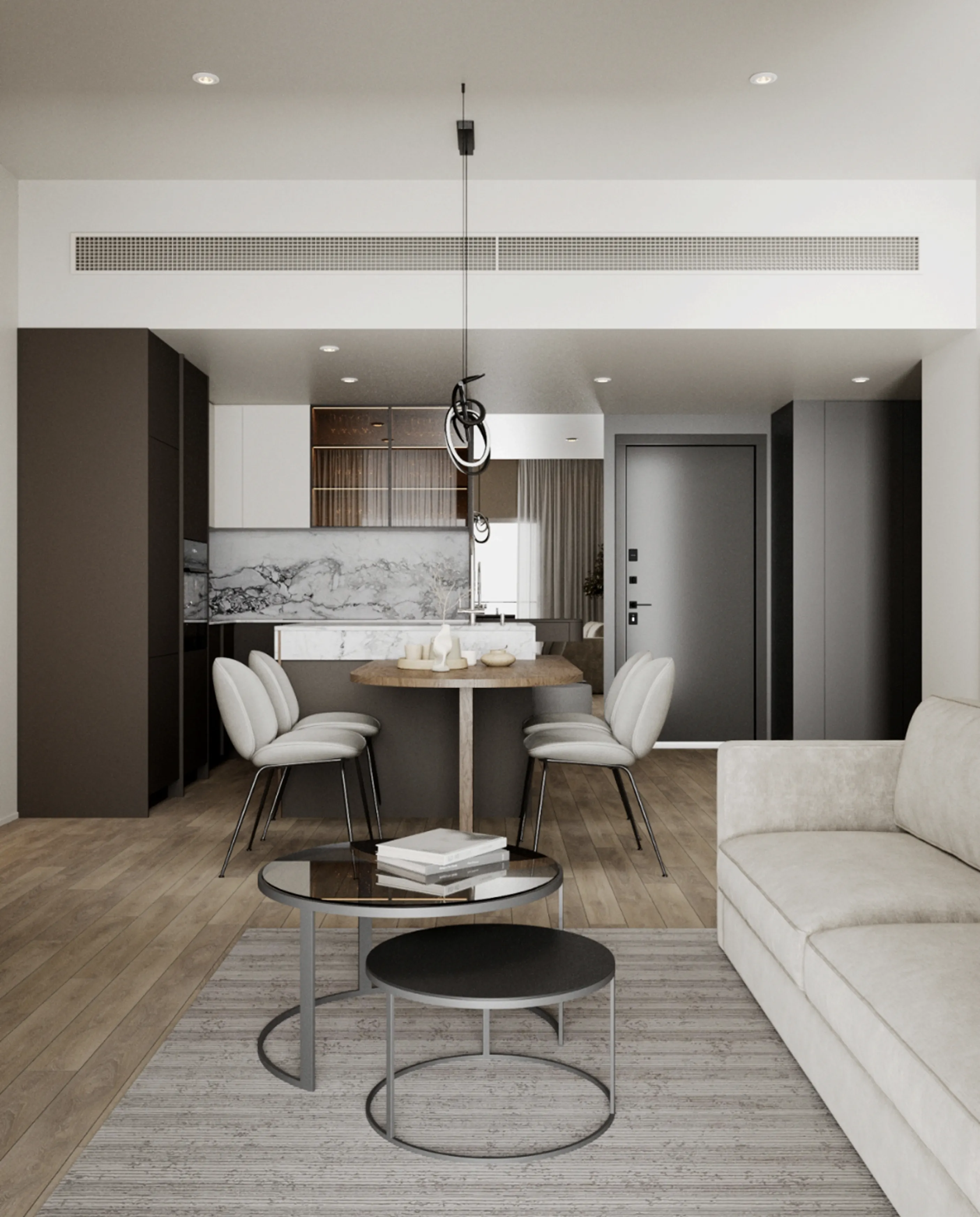 Designed view in brown shades on kitchen island.