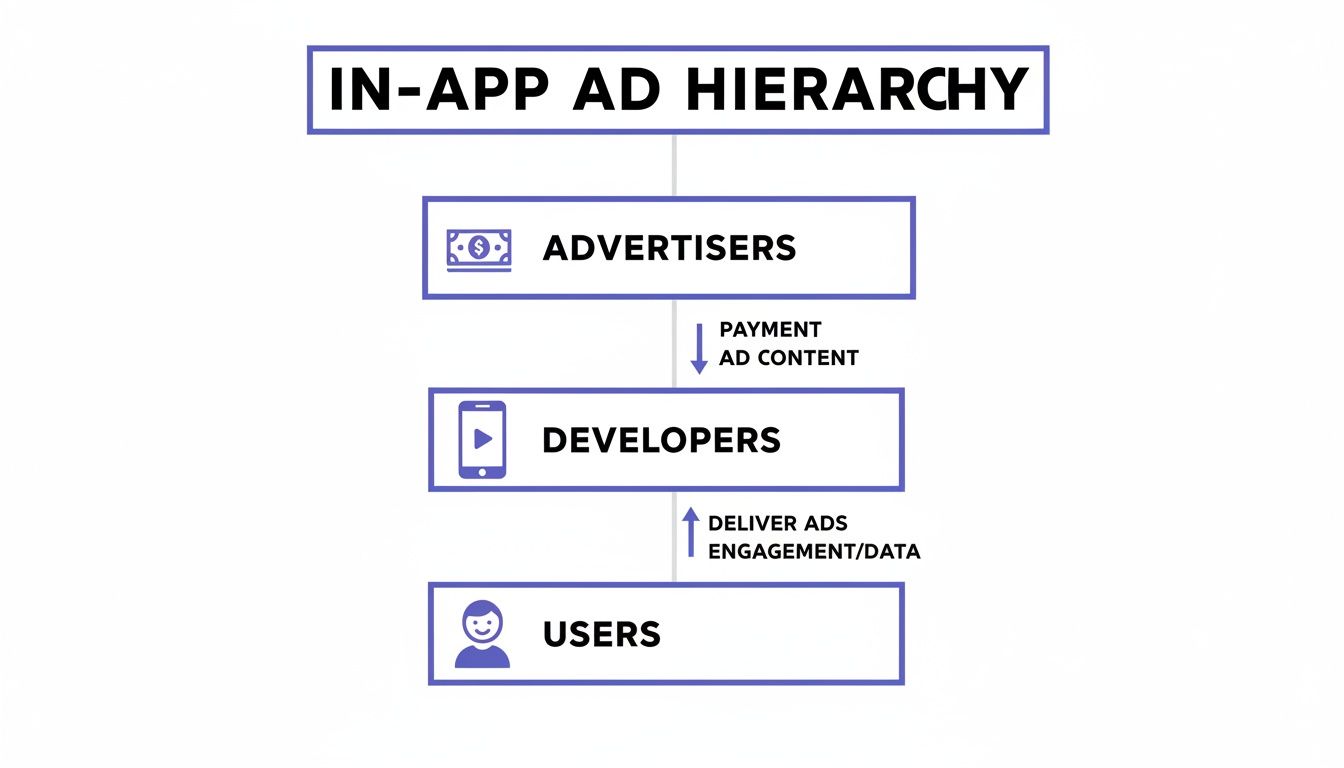 Hierarchy diagram illustrating the in-app ad ecosystem, showing advertisers, developers, and users with their interactions.