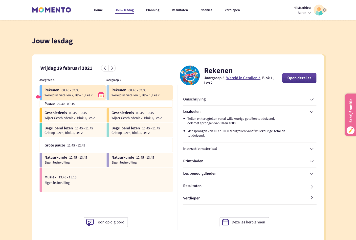 Het startscherm uit de Numo omgeving voor leerlingen.