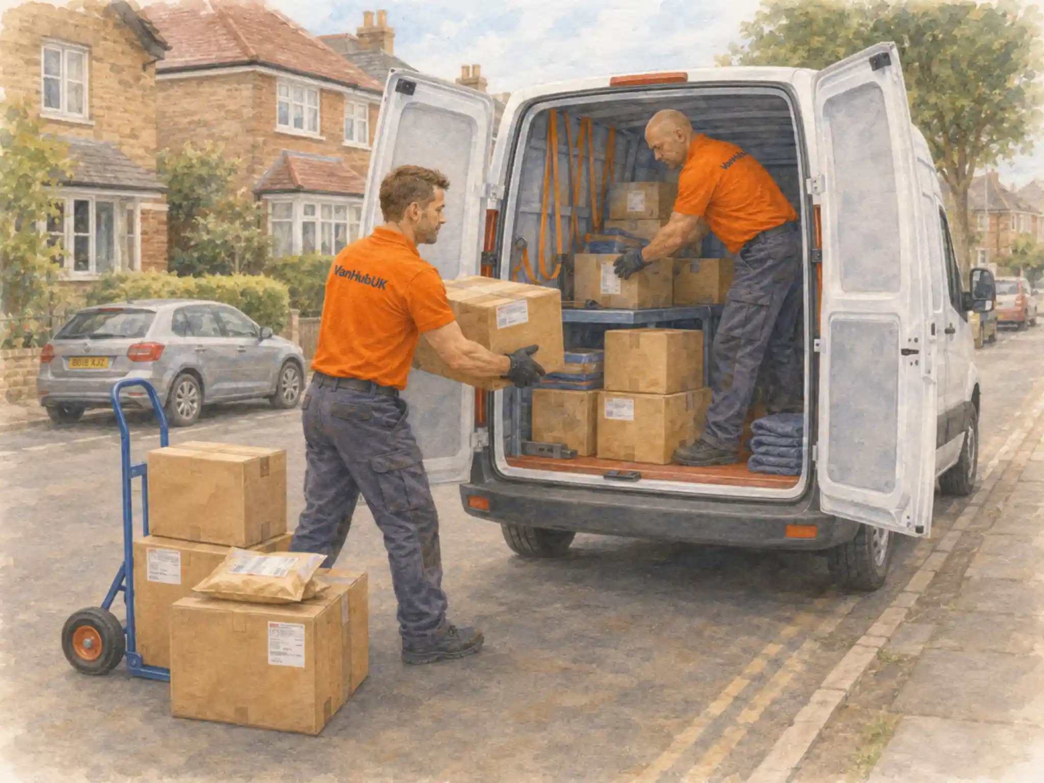 Independent van drivers loading boxed parcels into an open white van on a UK residential street for a private courier collection.