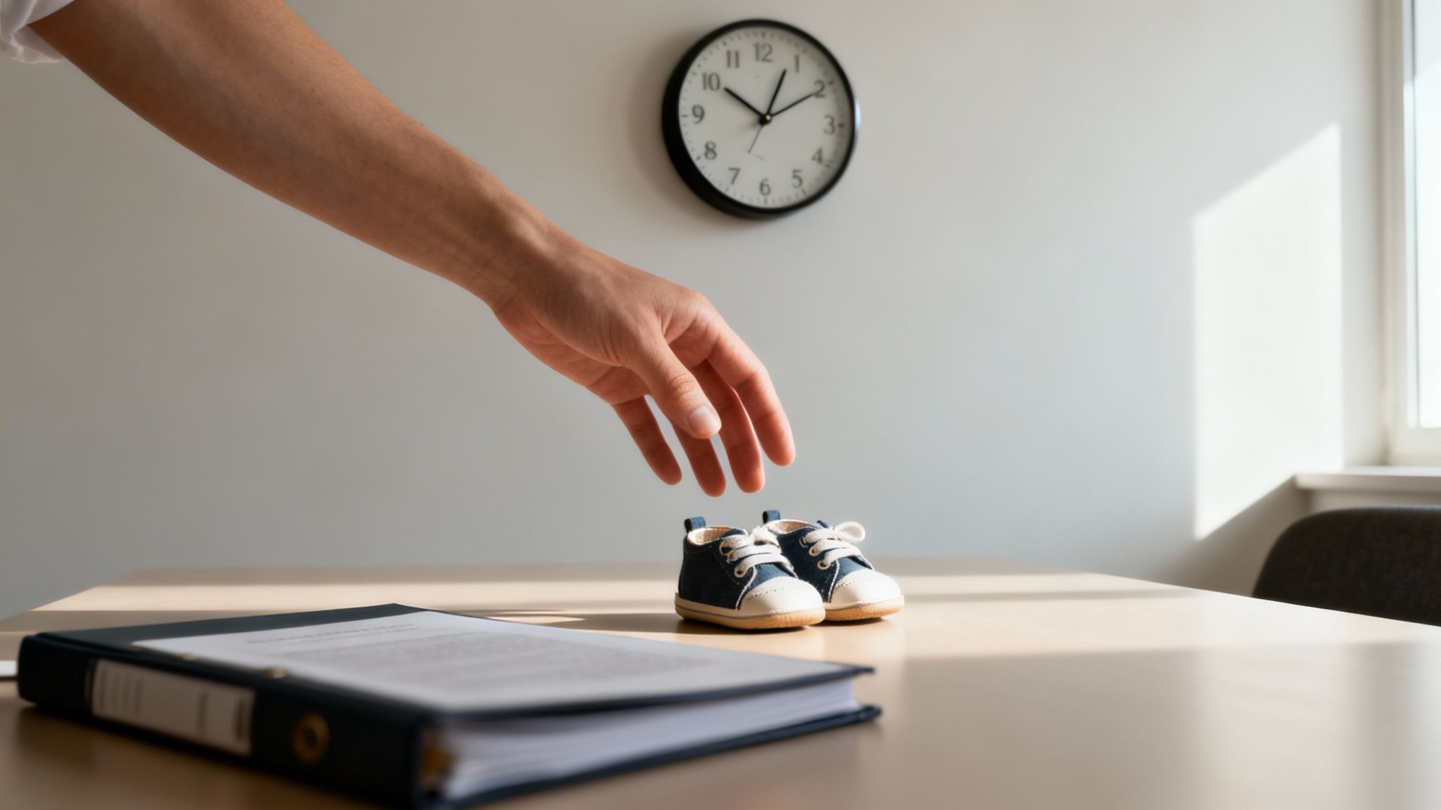 A person's hand reaches for blue baby shoes on an office desk, with a binder and wall clock.