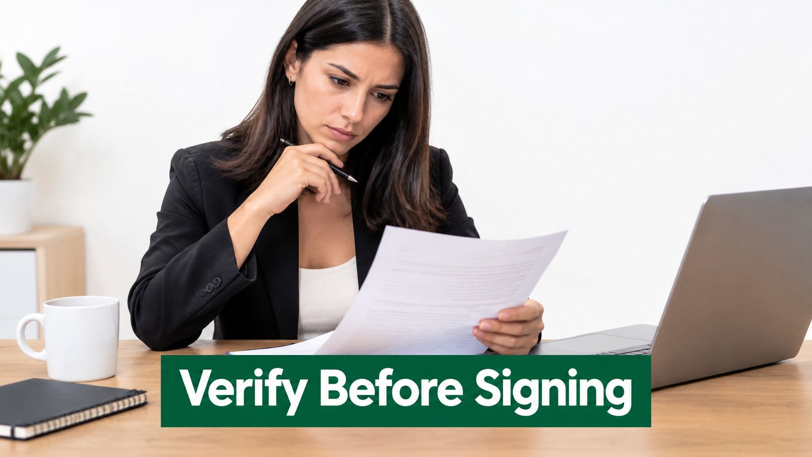 A professional woman in a blazer reviewing important legal documents before signing them at her desk.