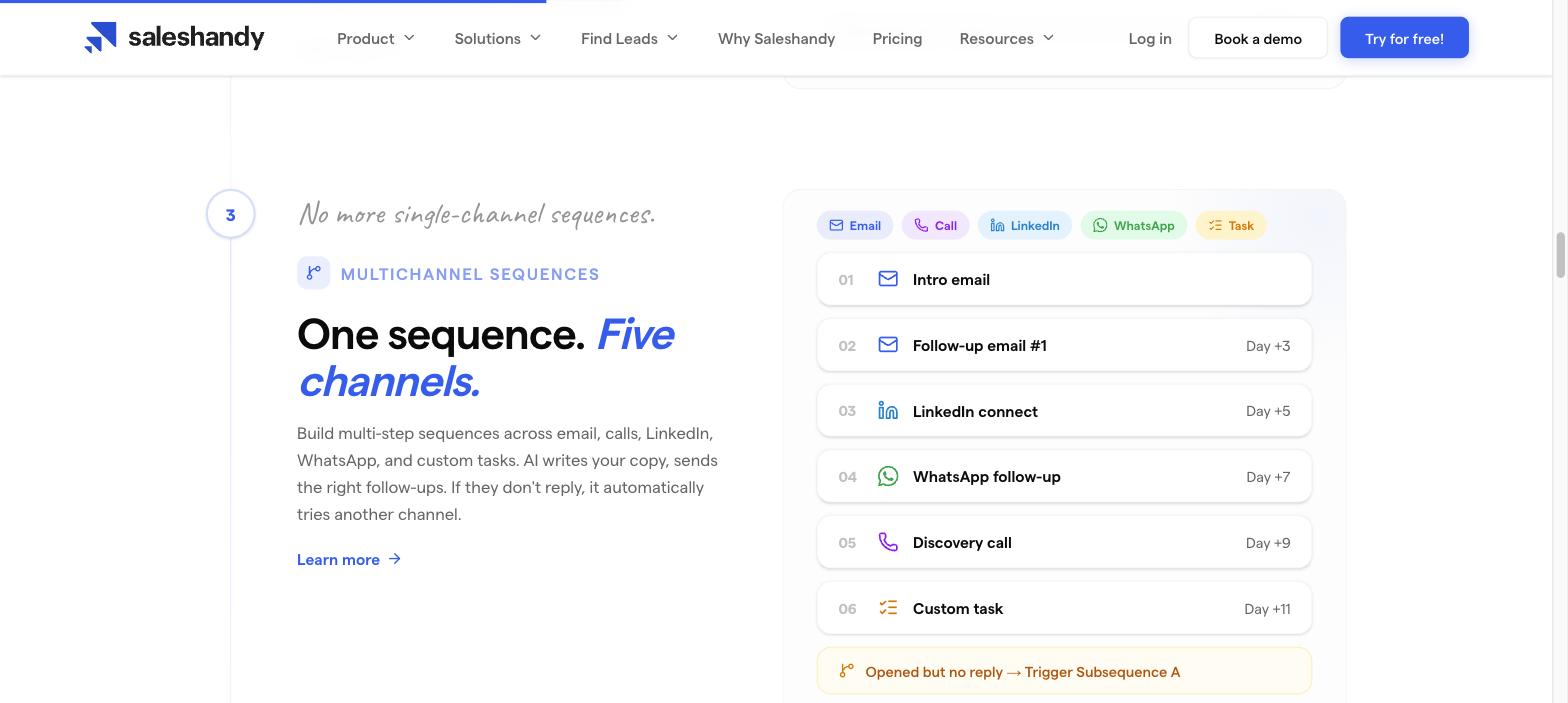 Saleshandy 2026 sequence dashboard with built-in B2B lead finder panel.