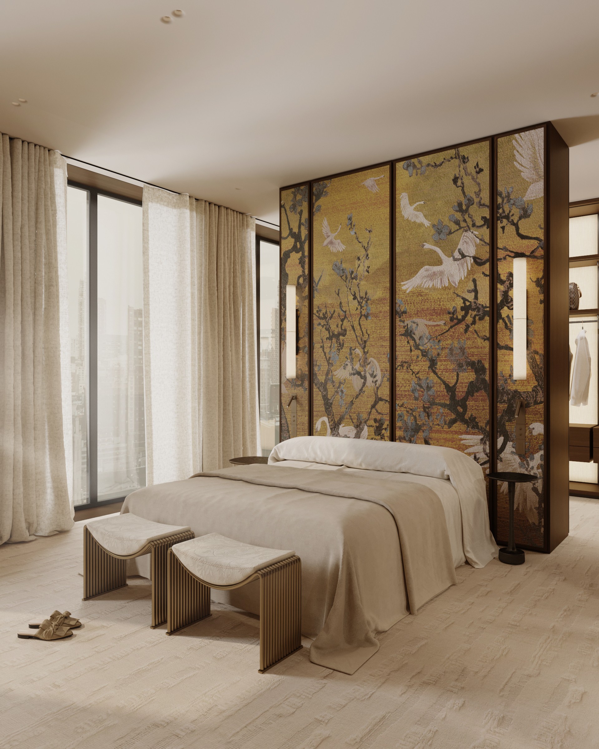Luxurious bedroom with a king-size bed, Japanese screen headboard, and elegant seating.