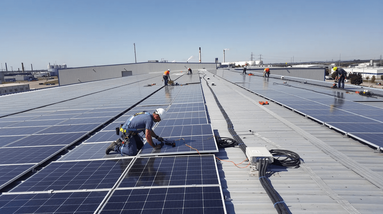 Des techniciens installent des panneaux solaires sur la toiture d'un grand bâtiment industriel, illustrant un projet de centrale photovoltaïque. Cette mise en place contribue à la transition vers des énergies renouvelables et souligne les avantages du tiers investissement photovoltaïque.