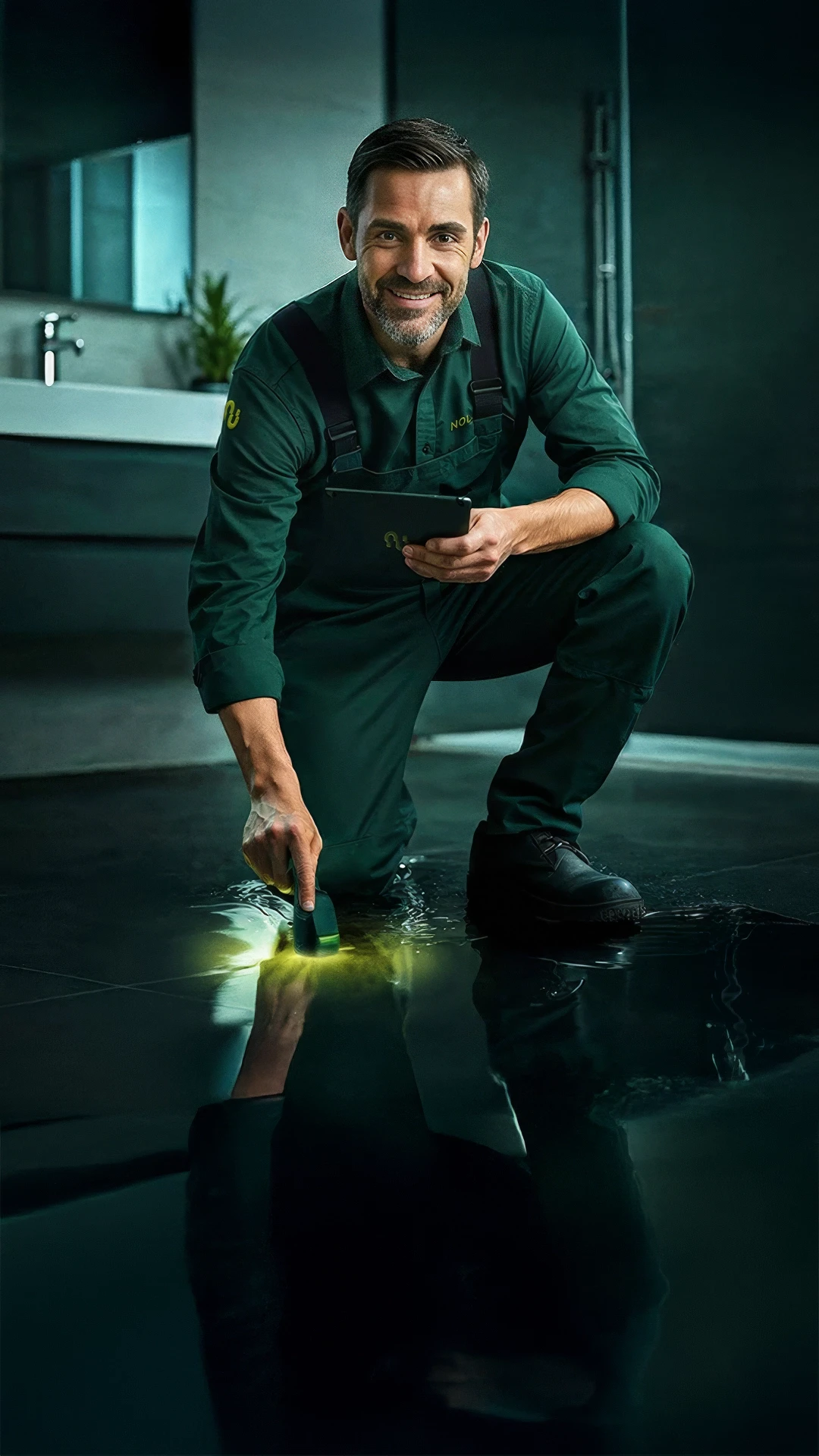 Ein Nolexx-Ortungstechniker ortet Wasserschaden im Boden eines Badezimmers.