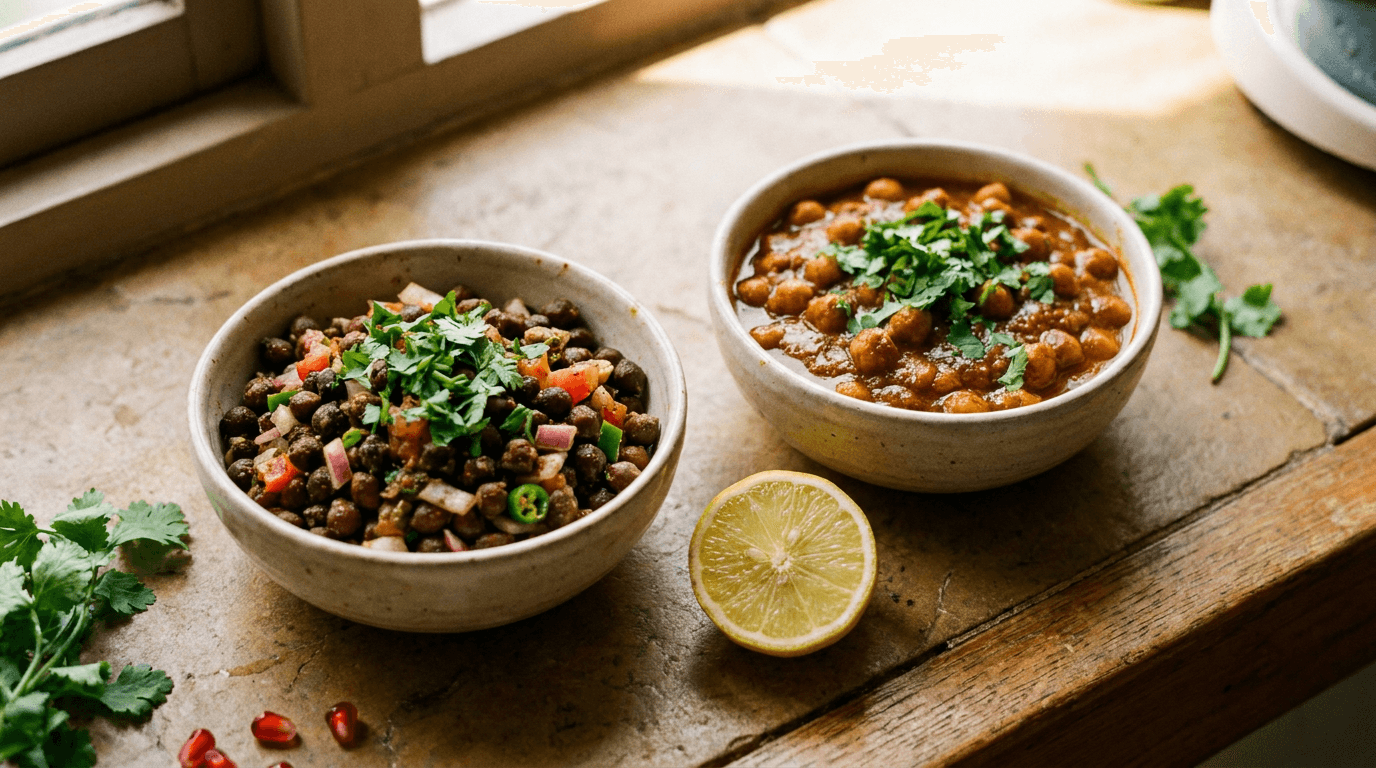 Two bowls of kala chana — chaat and curry — as plant based protein