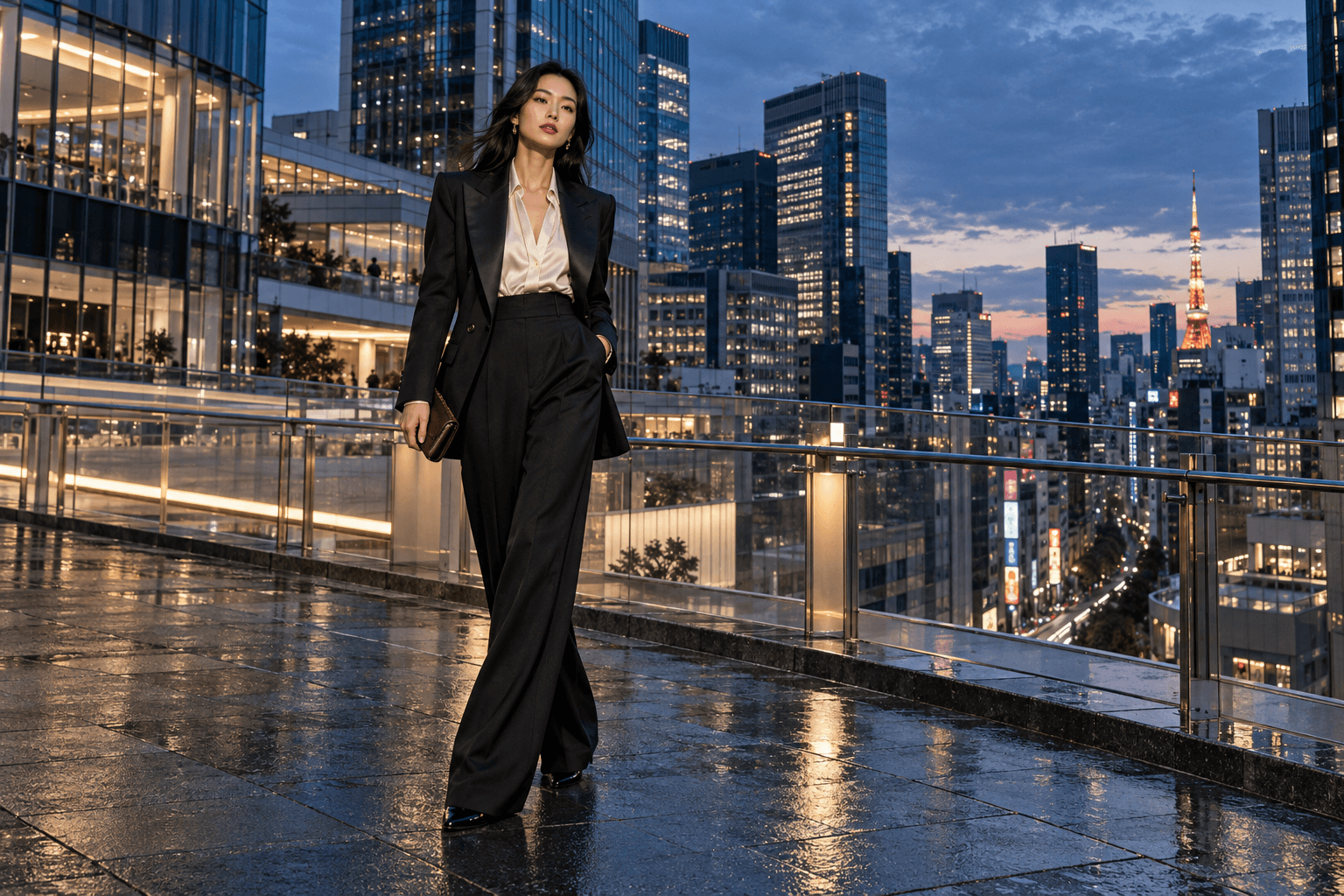 Fashion model in a charcoal tailored suit on a rain-wet Tokyo terrace at blue hour