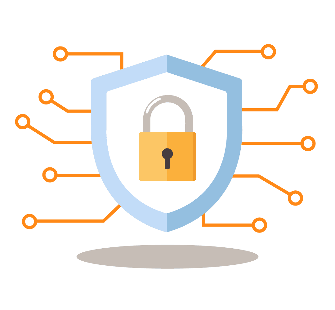 An illustration of a shield with a lock in the middle. Orange circuit lines on the left and right lead into the shield in the middle.
