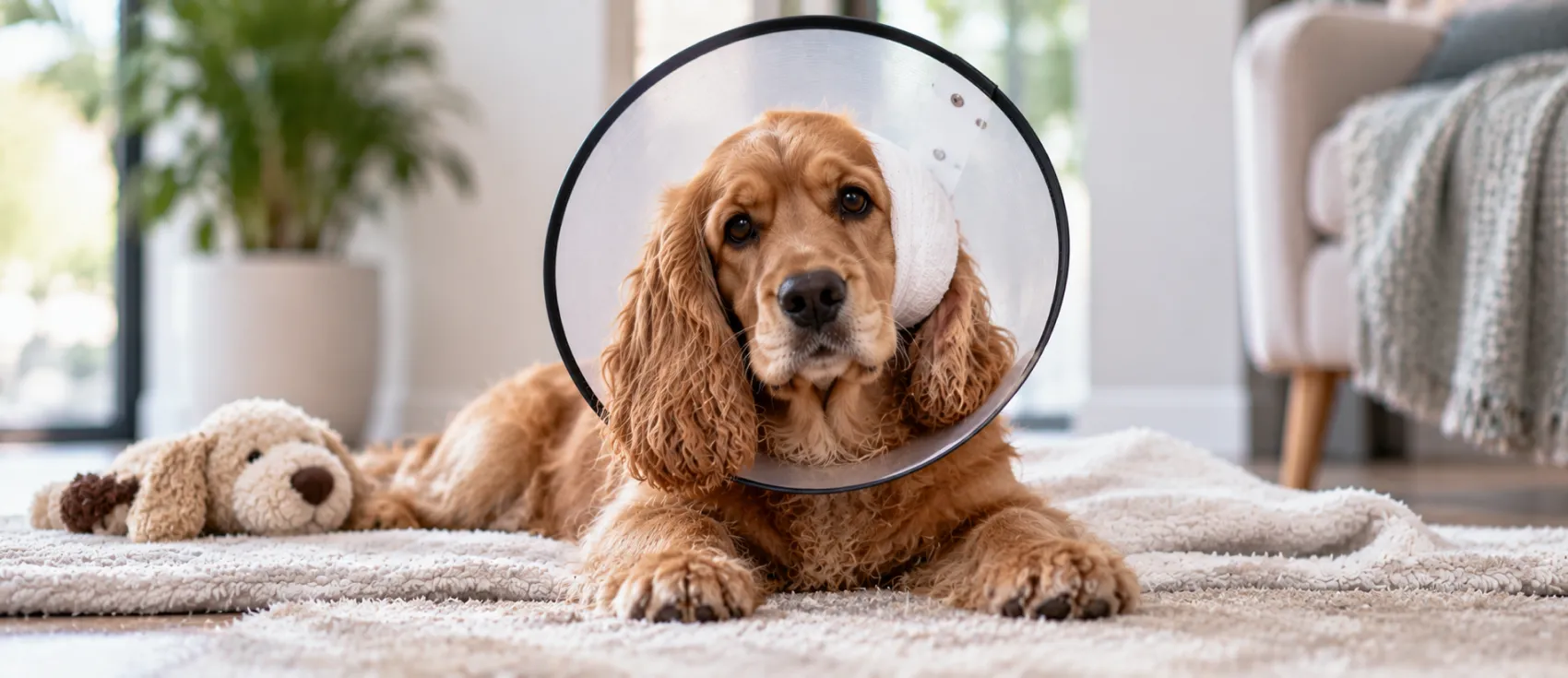 A Cocker Spaniel wears a protective cone while resting on a rug.