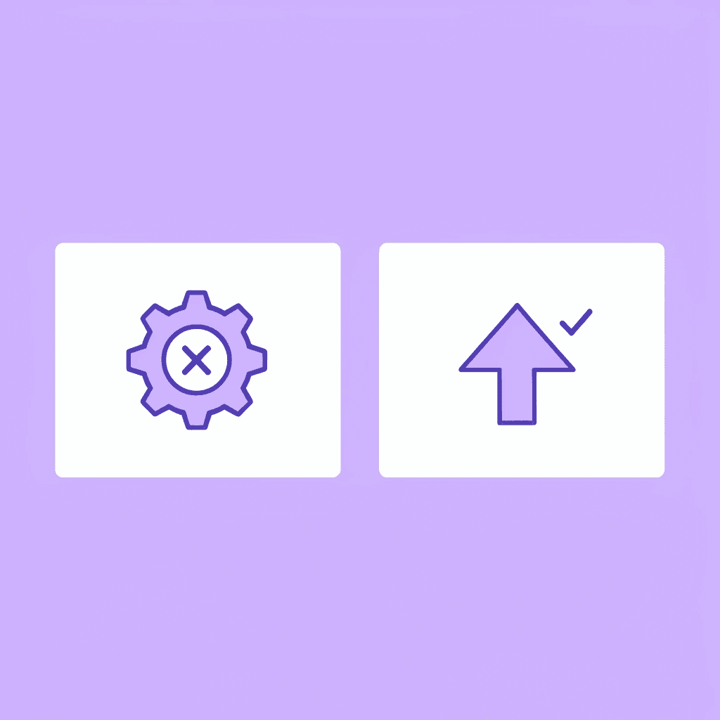 Before and after comparison: left side shows manual work with upward cost arrows and slow progress; right side shows automated AI processes with downward costs and fast innovation