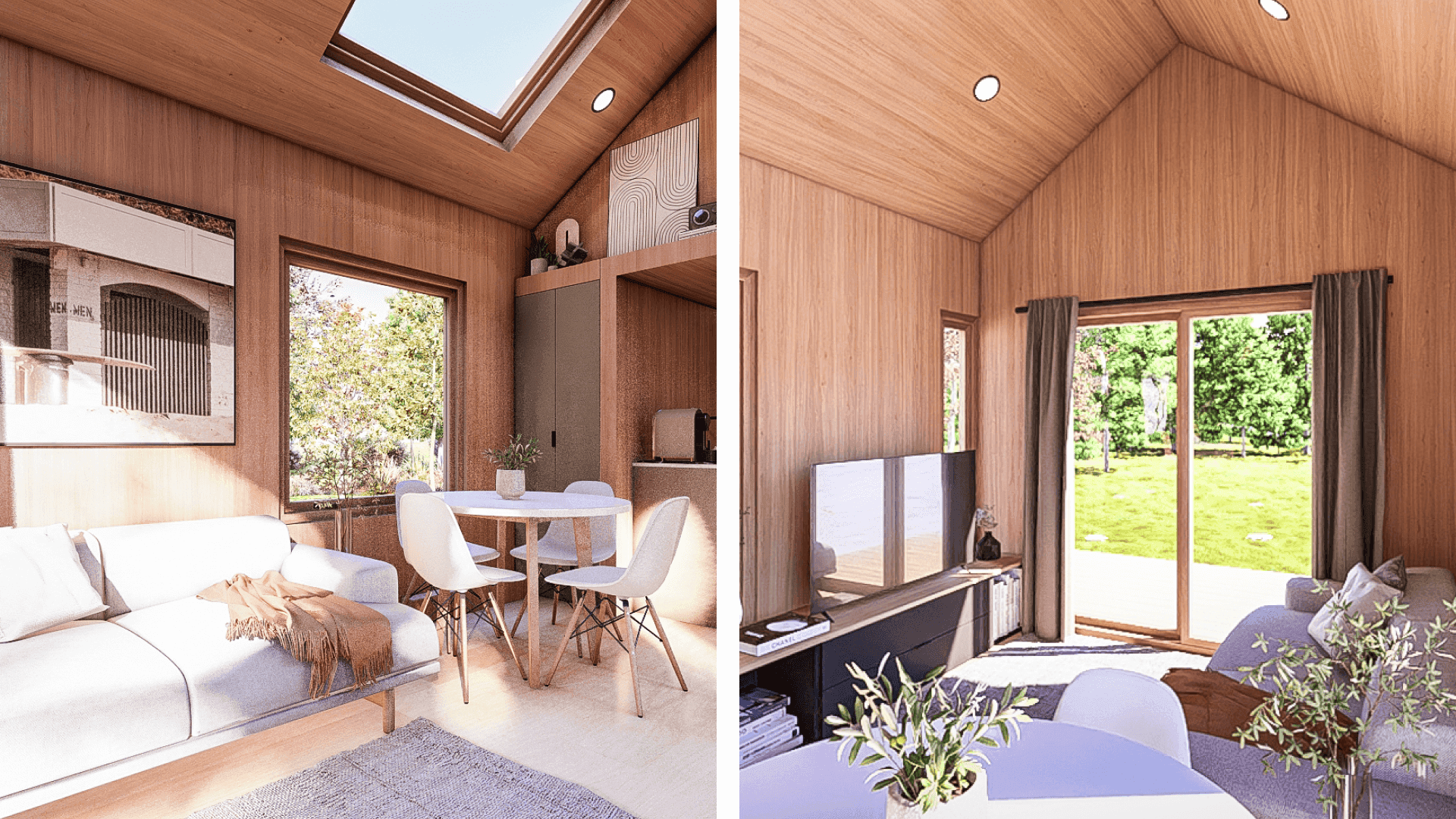 Green Tiny House features a an open space living room, with a standard 2 seater, tv unit and an invitation to the outdoors through the french doors.