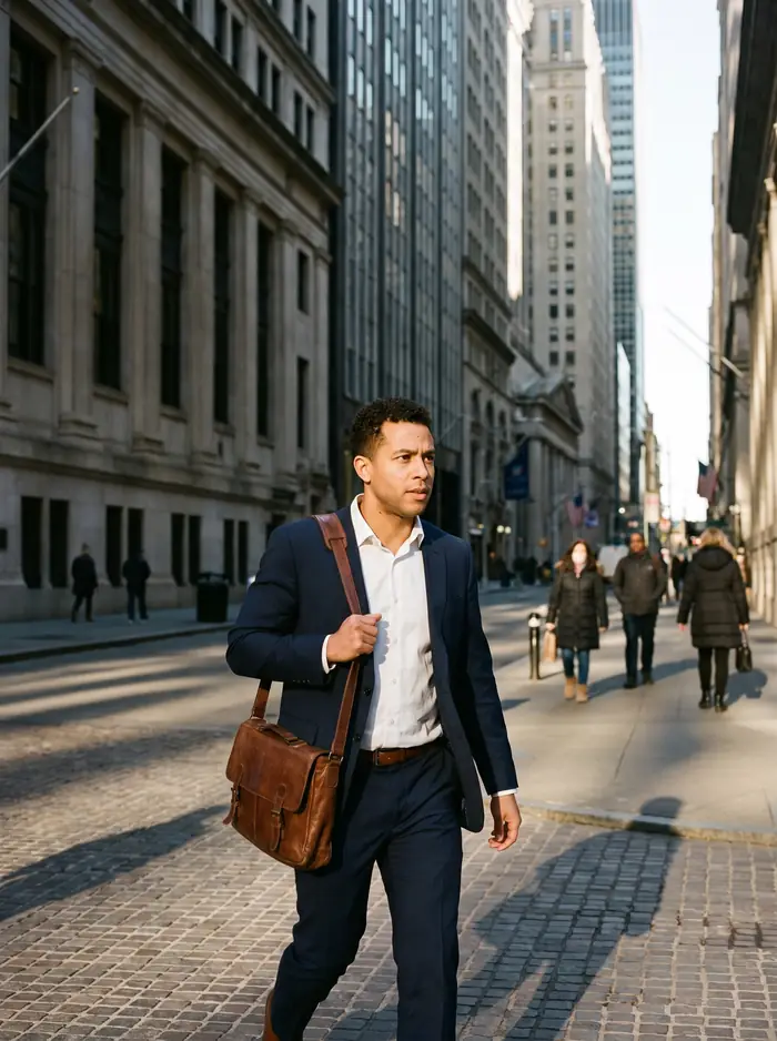 Trainee caminhando no distrito financeiro de Nova York