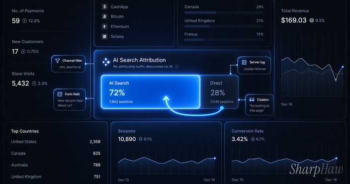 AI-search traffic from ChatGPT and Perplexity often lands in GA4 as Direct. Four signals — channel groups, form questions, server logs, citation tracking — pull it back into view.