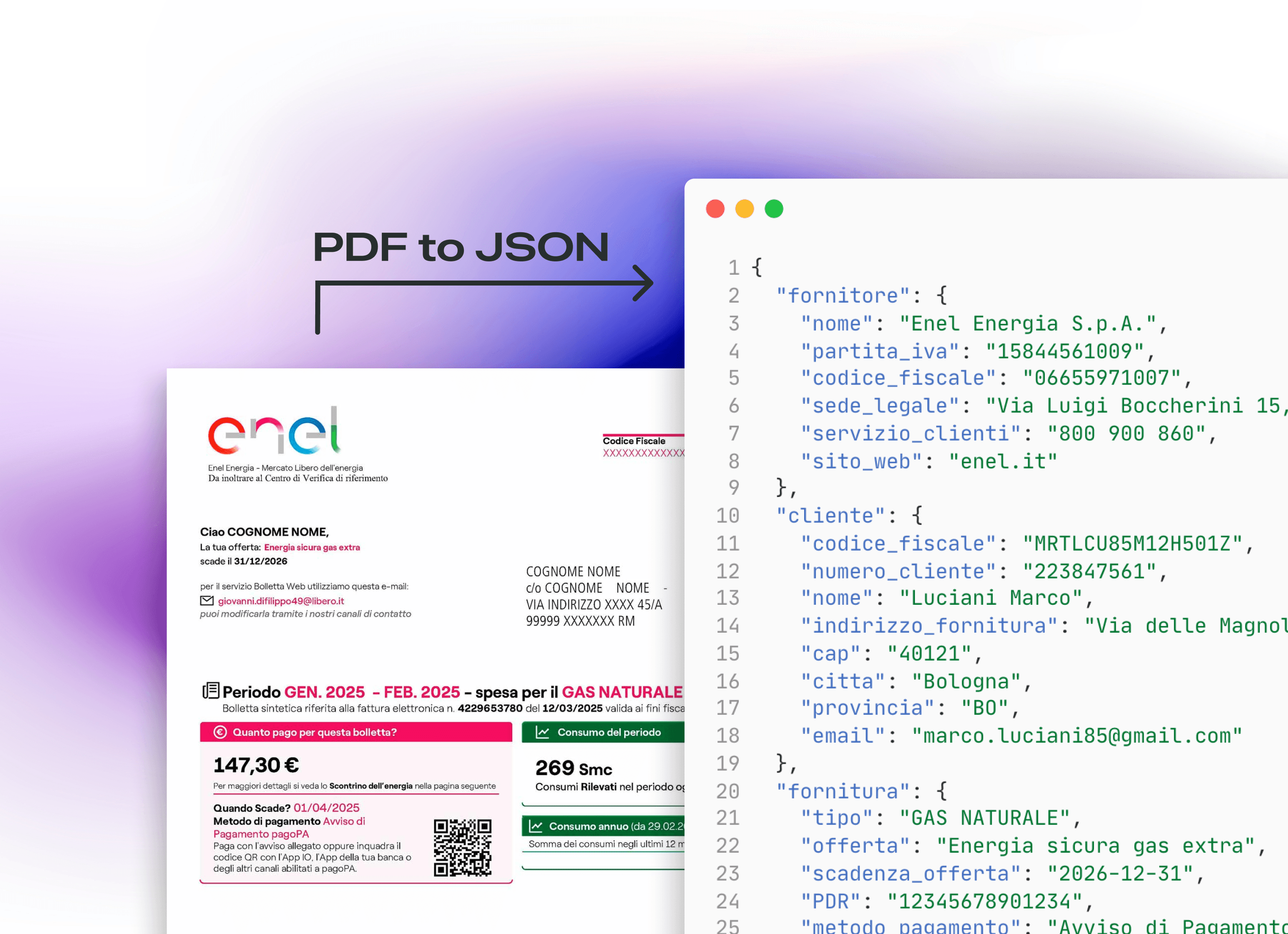 A PDF invoice from Enel being converted to structured JSON data, showing automated document parsing