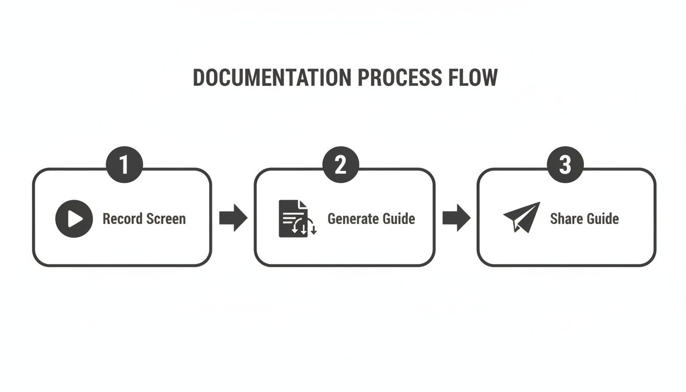 A clear three-step documentation process flow diagram illustrating screen recording, guide generation, and sharing.