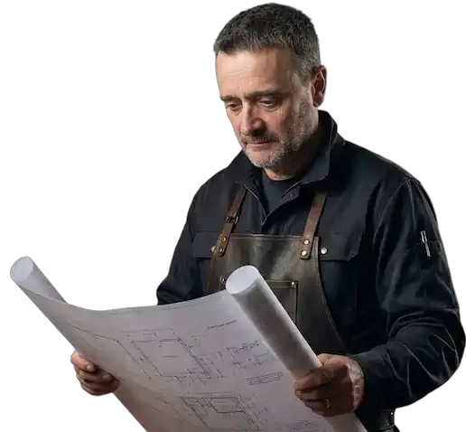 Plombier expert consultant examinant les plans d’installation sanitaire et chauffage entre Genève et Lausanne.