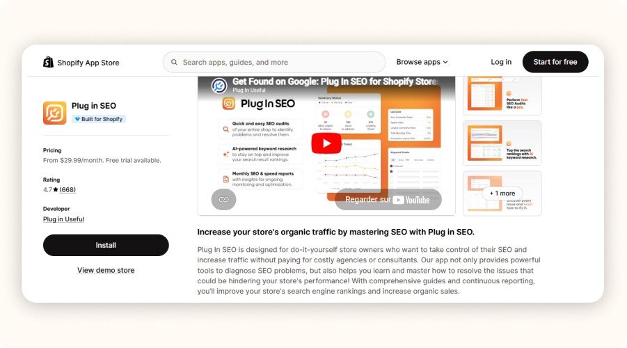 Shopify App Store listing for Plug in SEO optimization tool