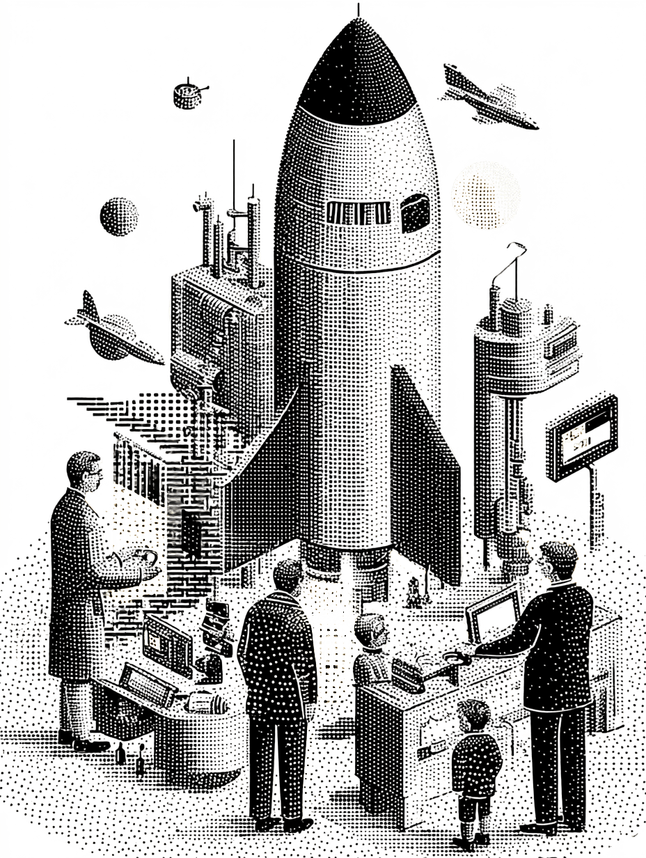 Illustration rétro d'une fusée au milieu de scientifiques, avec des planètes et des engins spatiaux en arrière-plan.