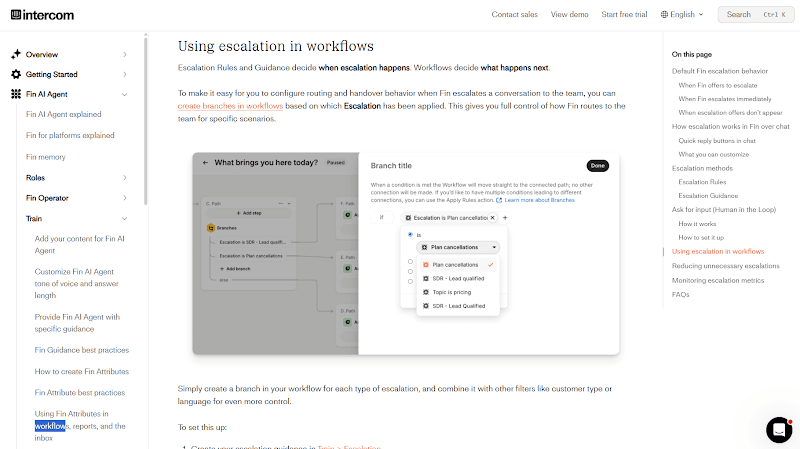 Fin escalation settings showing data-based Rules and natural-language Guidance for human handoff.