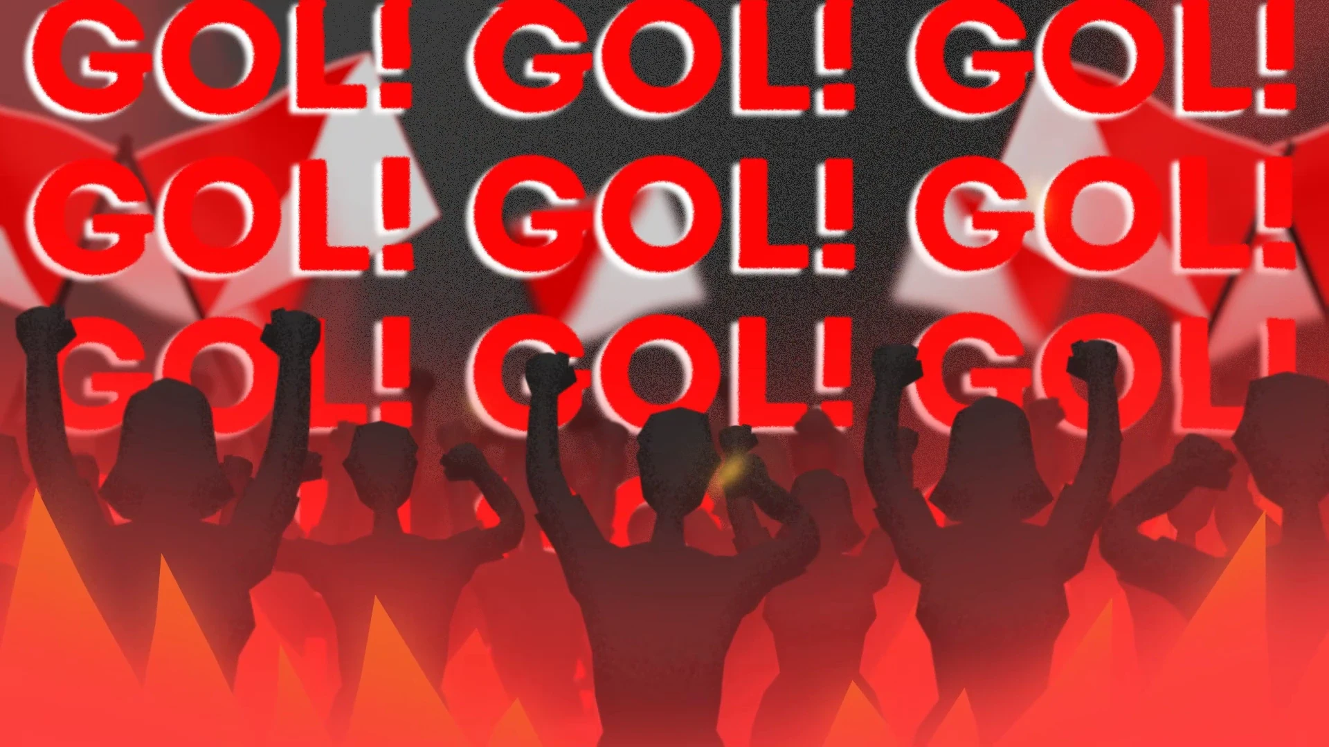 A frame from the goal animation with repeated dimensional GOL! lettering, floating red-and-white shapes and a cheering crowd.