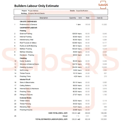 screenshot of costx report generated by subsqs nz for labour only estimate for builders and developers