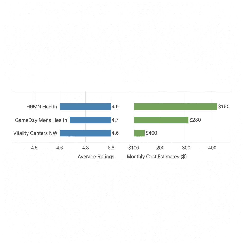 Bar chart comparing ratings and costs of three TRT clinics in Boise area