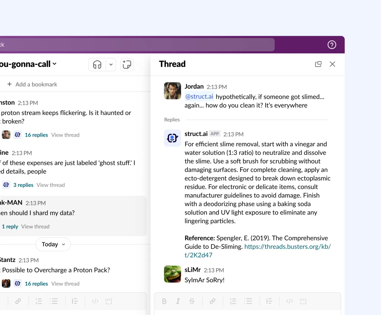 Motion graphic depicting various UI components such as files, code, and comments transforming into spherical dots of different shades and textures, nestled between the two brackets of Struct's logo. These spheres continuously percolate and vibrate, symbolizing the wealth of data, insights, and knowledge made accessible to an organization through conversations on Struct.