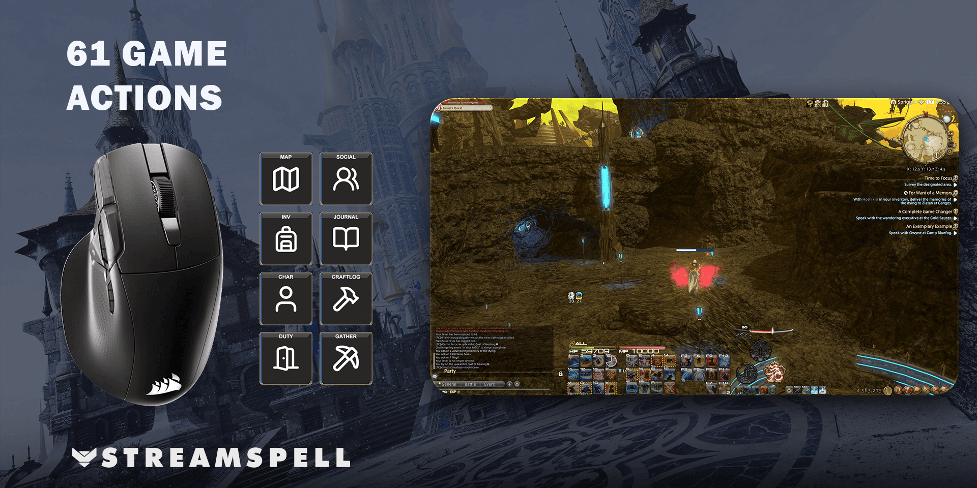 Final Fantasy XIV gameplay beside NIGHTSWORD mouse controls and matching command artwork