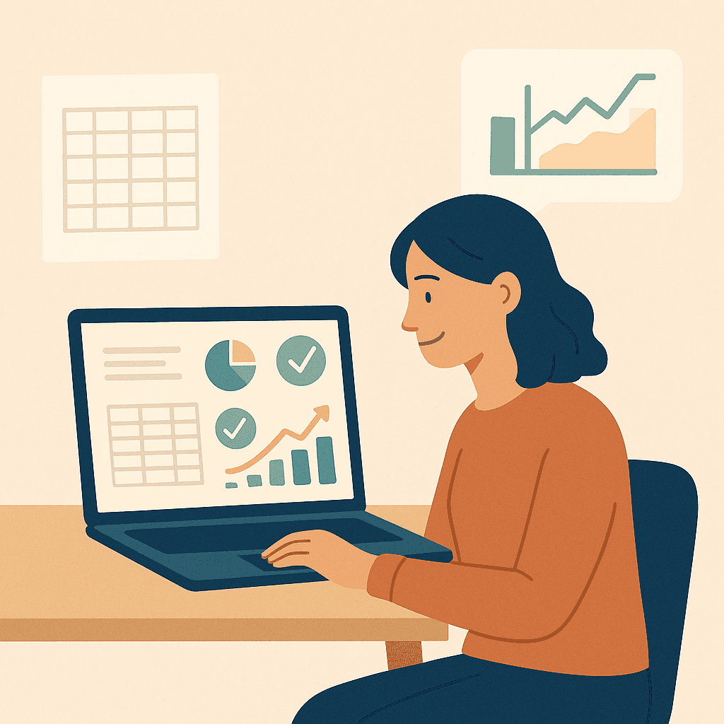 Illustration of a nonprofit staff member reviewing a clean data dashboard with charts and checklists, symbolizing clear impact reporting.