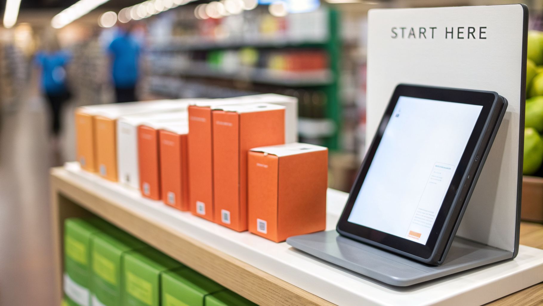 Retail store display featuring a tablet on a stand, orange product boxes, and a 'START HERE' sign.