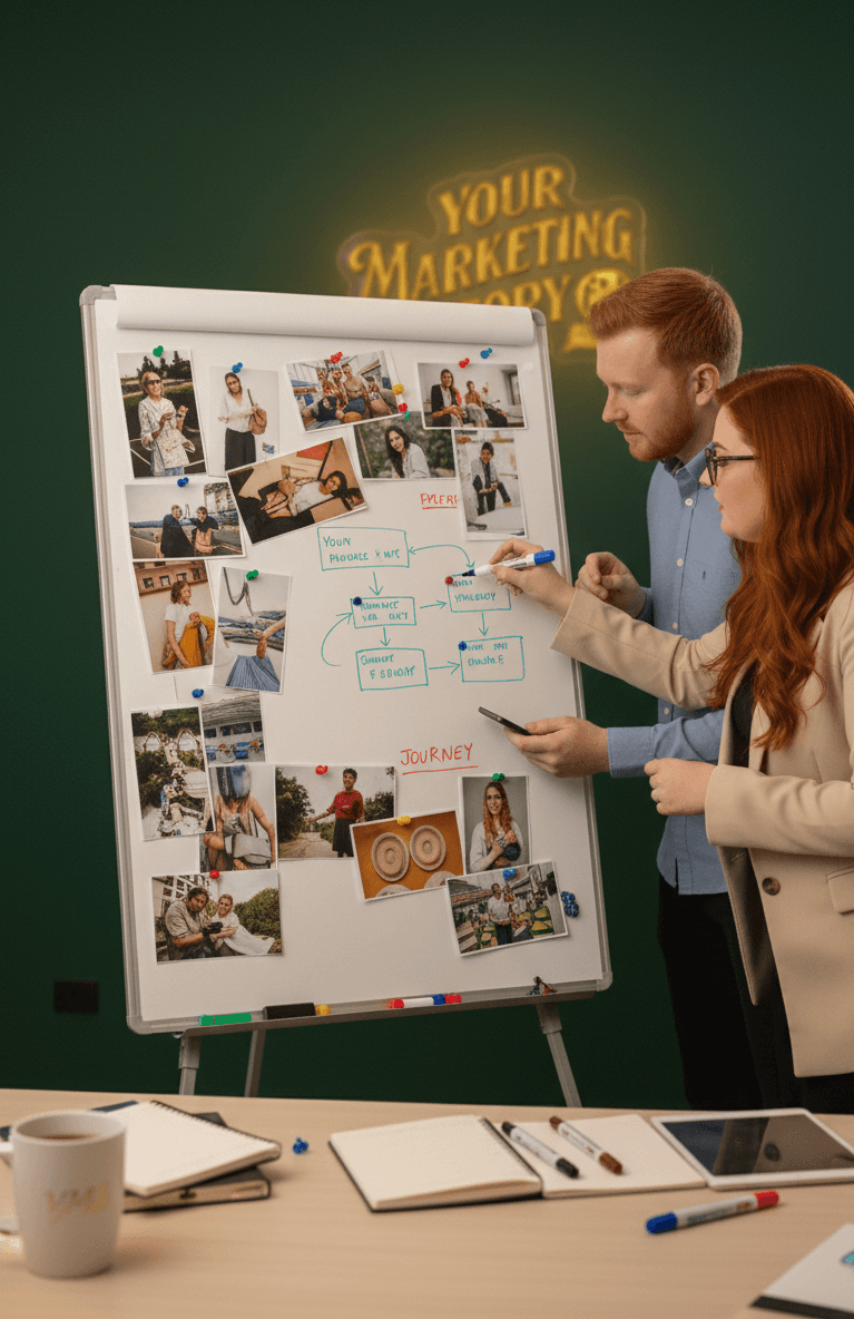 Creative team collaborating on a brand storytelling workshop, mapping out customer journeys and brand identity ideas in a professional studio.