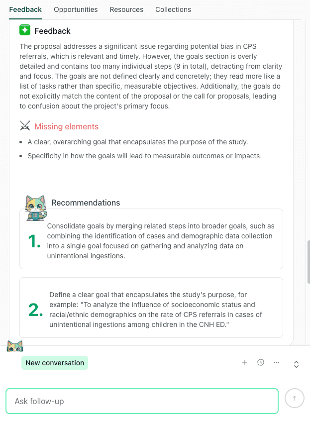 The thesify AI feedback tool highlighting "Missing elements" in a grant proposal and providing numbered recommendations to improve goal specificity.