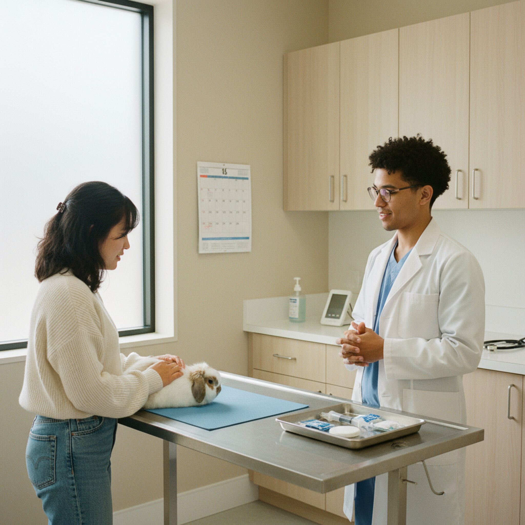 Eine junge Halterin erklärt einer Tierärztin ruhig die Symptome ihres Kaninchens, während die Assistentin ein vorbereitetes Impfset auf einem Tablett bereithält. Ein Kalender an der Wand zeigt strukturierte Zeitfenster. Der Raum wirkt hell, aufgeräumt und bereit für eine kurze, klar definierte Behandlung.