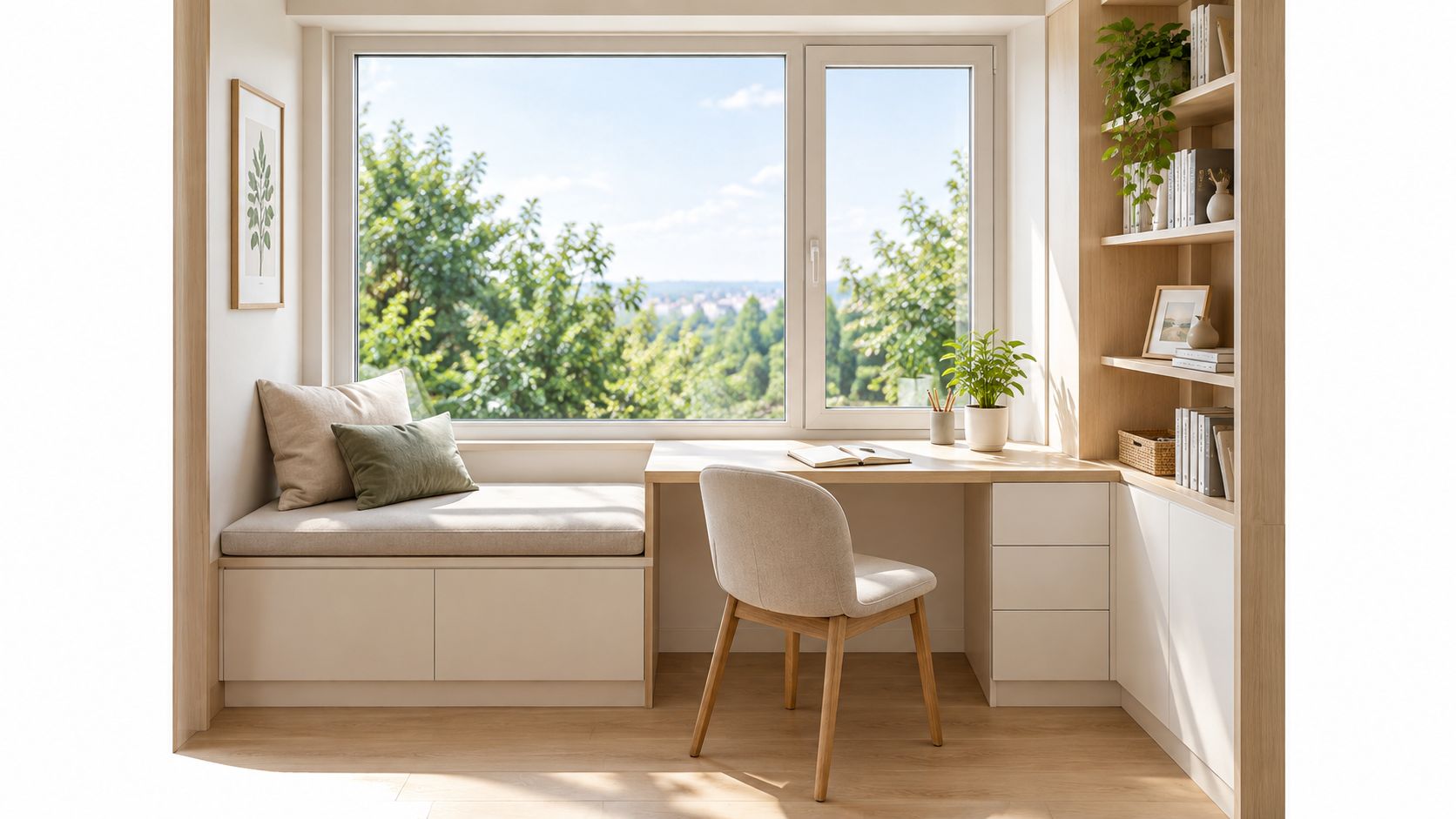A cozy, sunlit reading nook and home office setup with a desk and window seat in beige.