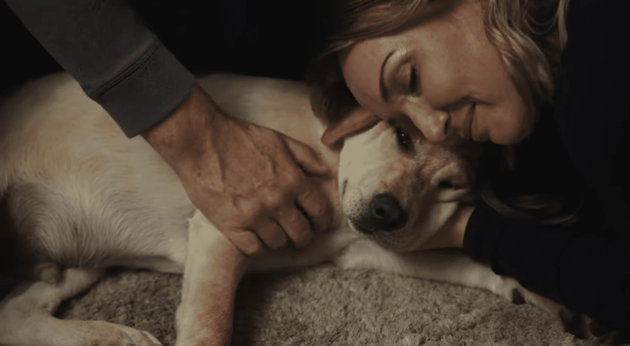 A female dog owner happily cuddling her yellow labrador dog