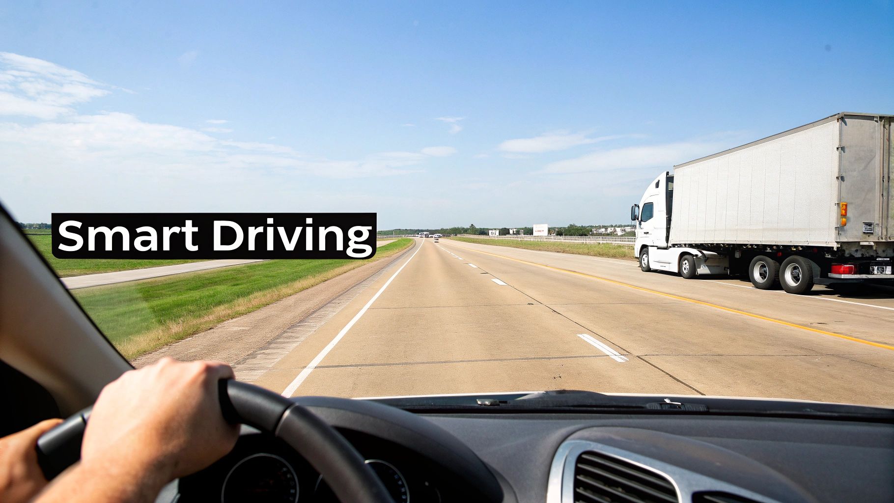 A driver's view from inside a car on a highway, with a semi-truck and 