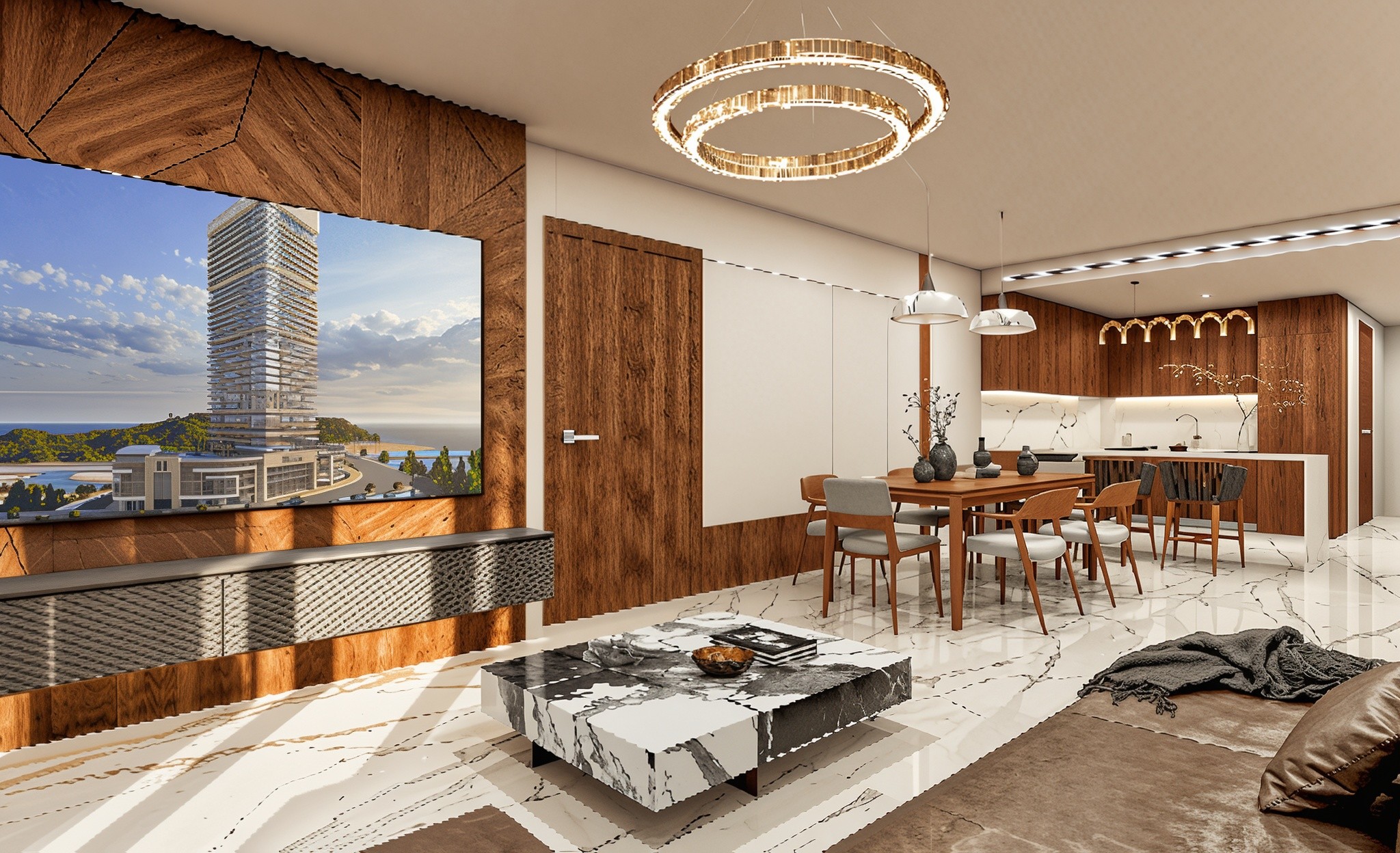 Interior rendering of a modern apartment in Radiant Elite Towers, showcasing sleek design and contemporary furnishings.