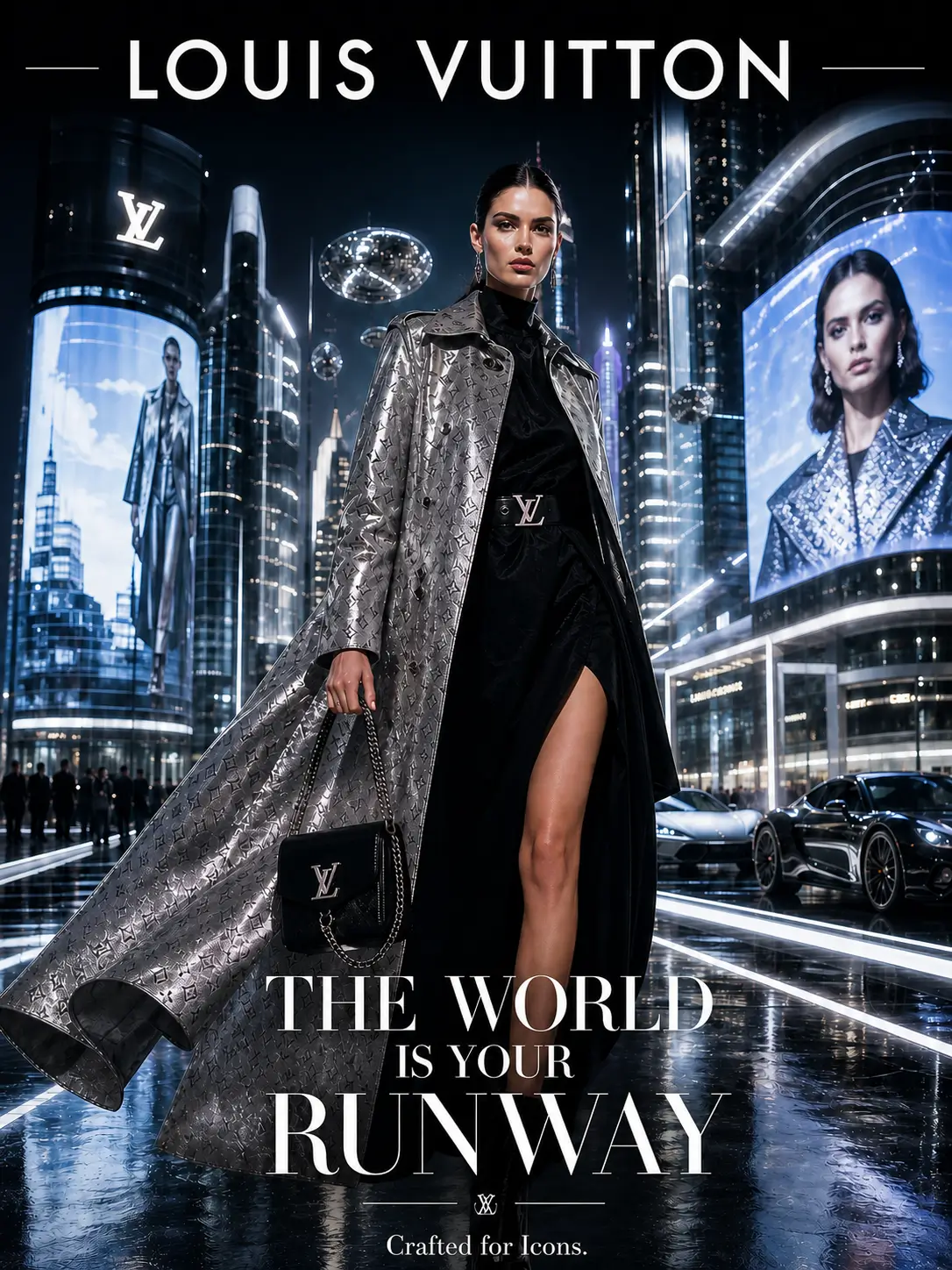 AI-generated Louis Vuitton fashion poster featuring a model in a futuristic city runway scene, blending luxury, elegance, and modern style.