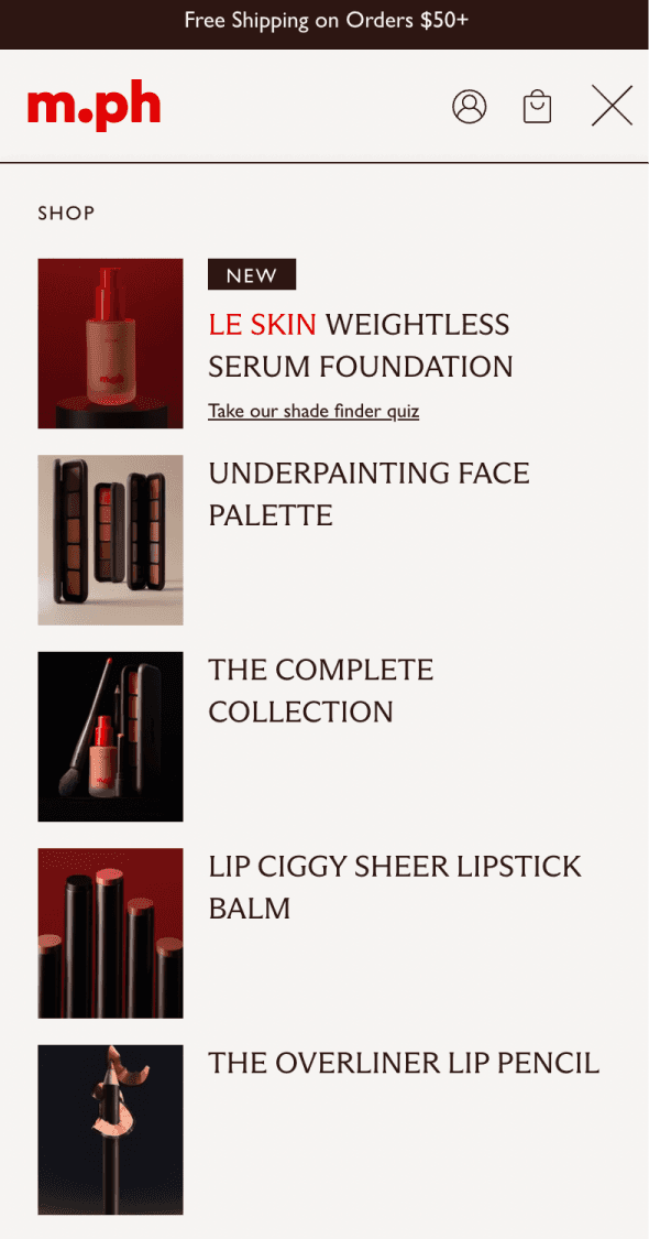 Mobile navigation menu for m.ph beauty makeup products and collections