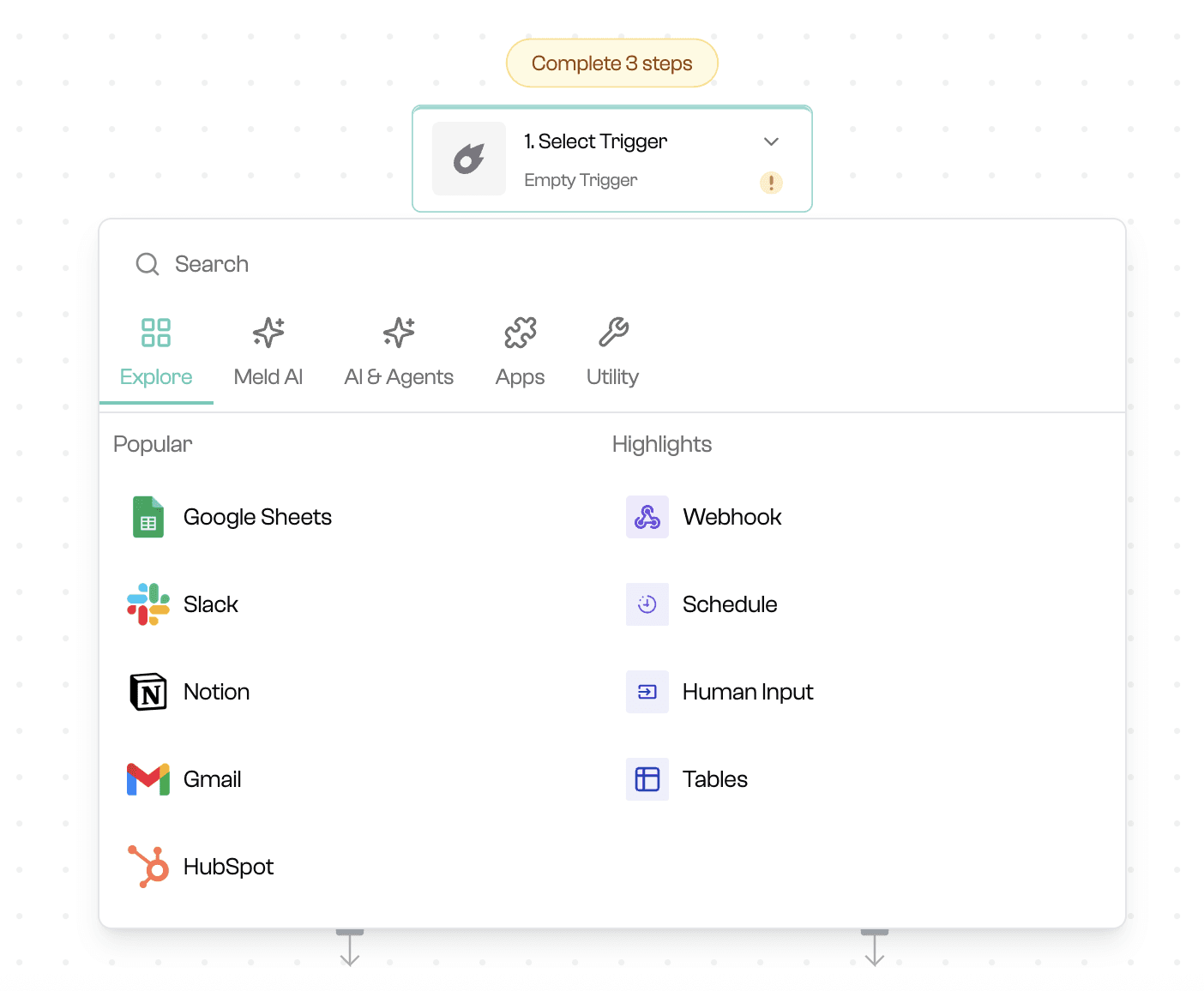 Screenshot of the menu that allows the user to select the triggers that initiate a Meld.